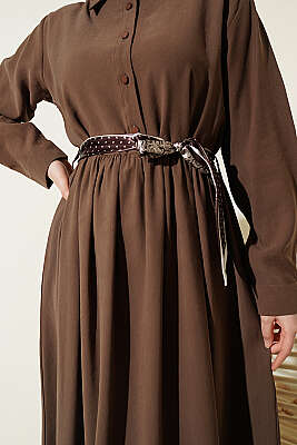 Yarım Düğmeli Fularlı Tensel Elbise Vizon - Elbise