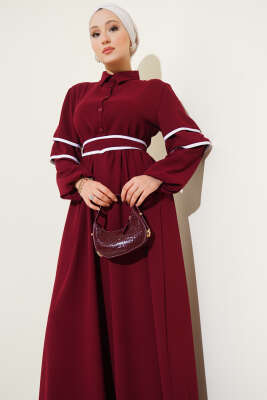 Yarım Düğmeli Garnili Kuşaklı Elbise Bordo - 500-700 TL Ürünler