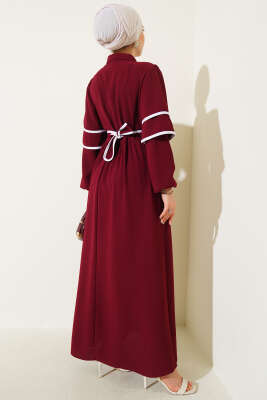 Yarım Düğmeli Garnili Kuşaklı Elbise Bordo - 500-700 TL Ürünler