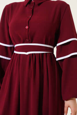Yarım Düğmeli Garnili Kuşaklı Elbise Bordo - 500-700 TL Ürünler