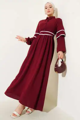 Yarım Düğmeli Garnili Kuşaklı Elbise Bordo 