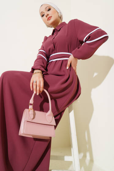 Yarım Düğmeli Garnili Kuşaklı Elbise Gül Kurusu - Elbise