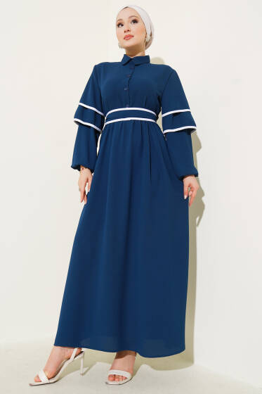 Yarım Düğmeli Garnili Kuşaklı Elbise Petrol - Elbise