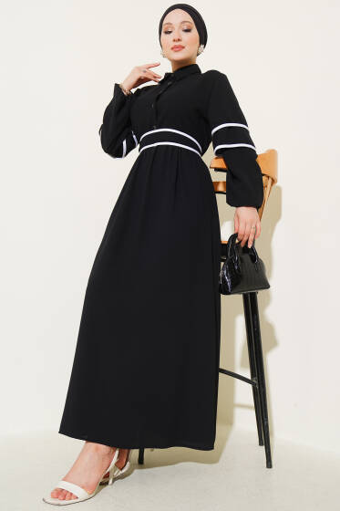 Yarım Düğmeli Garnili Kuşaklı Elbise Siyah - Elbise