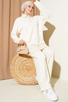 Yarım Düğmeli Garnili Takım Bej - HATUN