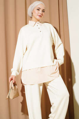 Yarım Düğmeli Garnili Takım Bej - İkili Takım