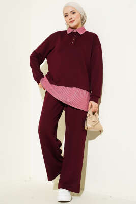 Yarım Düğmeli Garnili Takım Bordo - HATUN