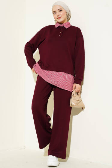 Yarım Düğmeli Garnili Takım Bordo - İkili Takım