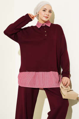 Yarım Düğmeli Garnili Takım Bordo - İkili Takım