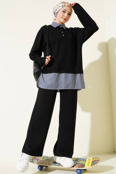 Yarım Düğmeli Garnili Takım Siyah - İkili Takım