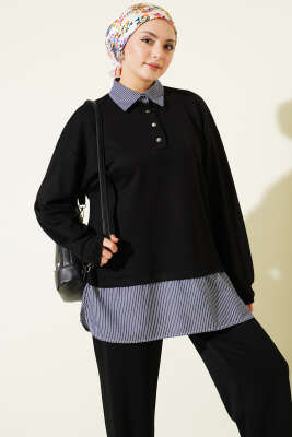 Yarım Düğmeli Garnili Takım Siyah - İkili Takım