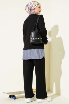 Yarım Düğmeli Garnili Takım Siyah - İkili Takım