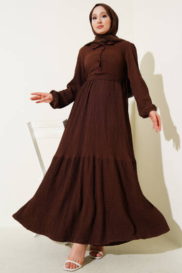 Yarım Düğmeli Gofre Elbise Kahve - Elbise