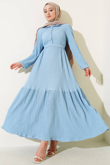 Yarım Düğmeli Gofre Elbise Mavi - Elbise