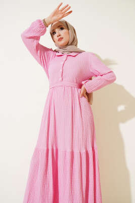 Yarım Düğmeli Gofre Elbise Pembe - 500-700 TL Ürünler