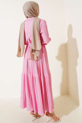 Yarım Düğmeli Gofre Elbise Pembe - 500-700 TL Ürünler