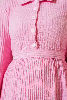 Yarım Düğmeli Gofre Elbise Pembe - 500-700 TL Ürünler