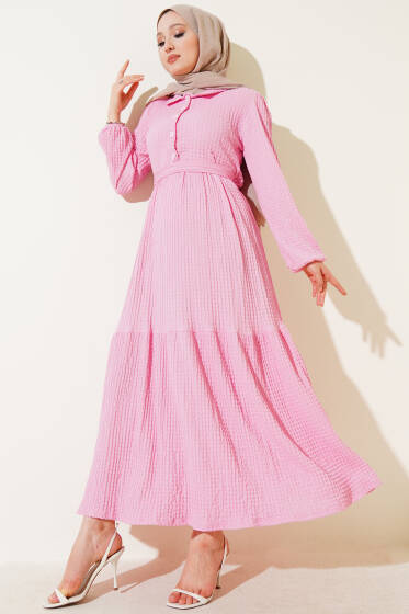 Yarım Düğmeli Gofre Elbise Pembe - Elbise
