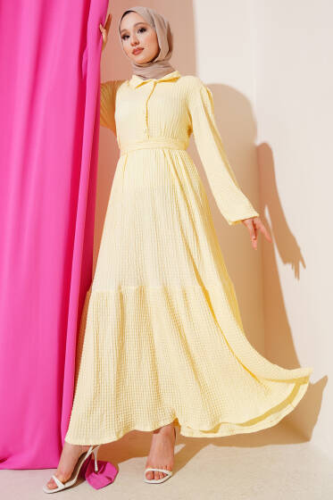 Yarım Düğmeli Gofre Elbise Sarı - Elbise