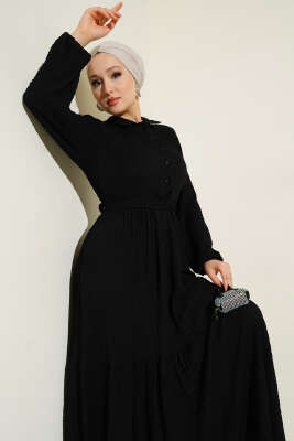 Yarım Düğmeli Gofre Elbise Siyah - 500-700 TL Ürünler
