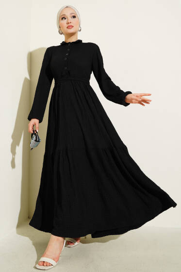 Yarım Düğmeli Gofre Elbise Siyah - Elbise