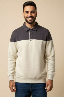 Yarım Düğmeli Gömlek Yaka Erkek Sweatshirt Acı Kahve 