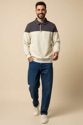 Yarım Düğmeli Gömlek Yaka Erkek Sweatshirt Acı Kahve - Erkek Sweatshirt