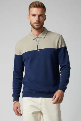 Yarım Düğmeli Gömlek Yaka Erkek Sweatshirt Bej 