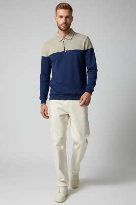 Yarım Düğmeli Gömlek Yaka Erkek Sweatshirt Bej - Erkek Sweatshirt