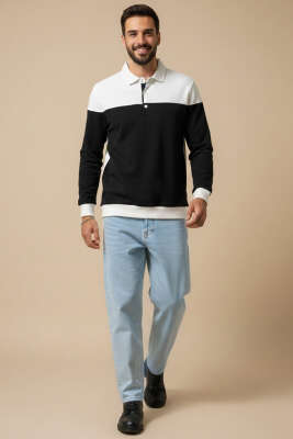 Yarım Düğmeli Gömlek Yaka Erkek Sweatshirt Beyaz - Erkek Sweatshirt