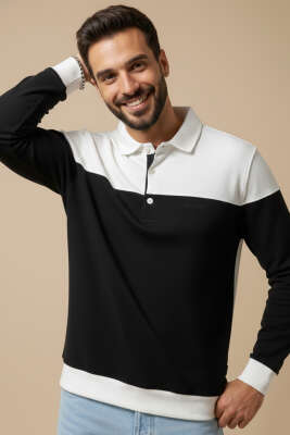 Yarım Düğmeli Gömlek Yaka Erkek Sweatshirt Beyaz - Erkek Sweatshirt