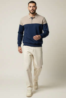 Yarım Düğmeli Gömlek Yaka Erkek Sweatshirt Vizon - Erkek Sweatshirt