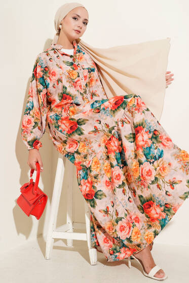 Yarım Düğmeli Gül Desenli Elbise Kırmızı - Elbise