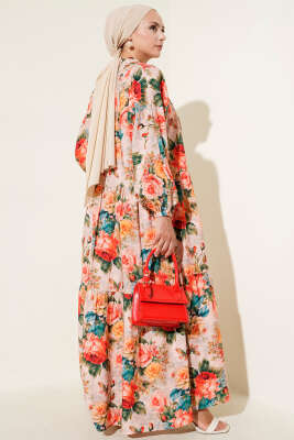 Yarım Düğmeli Gül Desenli Elbise Kırmızı - Tesettür Elbise