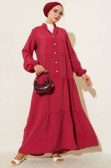 Yarım Düğmeli Hakim Yaka Kat Elbise Bordo - Elbise
