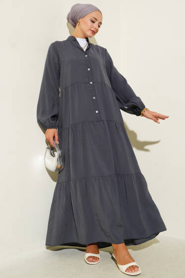 Yarım Düğmeli Hakim Yaka Kat Elbise Füme - Elbise