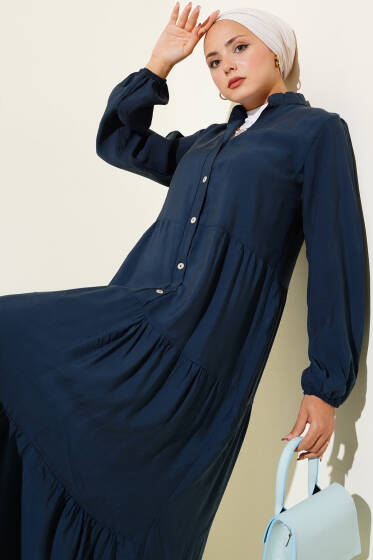 Yarım Düğmeli Hakim Yaka Kat Elbise Lacivert - Elbise