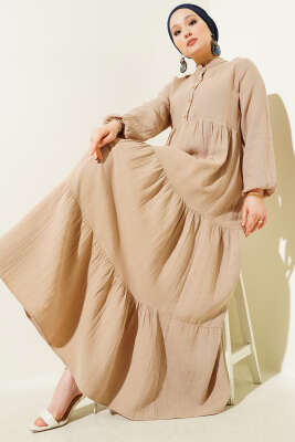 Yarım Düğmeli Hakim Yaka Müslin Elbise Bej 