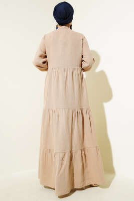 Yarım Düğmeli Hakim Yaka Müslin Elbise Bej - Tesettür Elbise