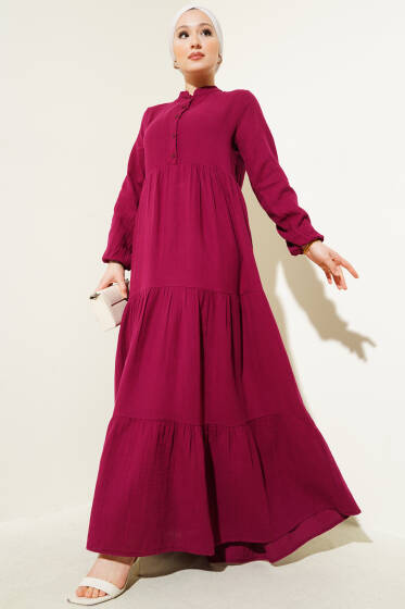 Yarım Düğmeli Hakim Yaka Müslin Elbise Bordo - Elbise