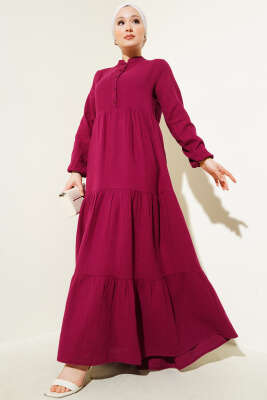 Yarım Düğmeli Hakim Yaka Müslin Elbise Bordo 