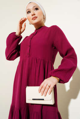 Yarım Düğmeli Hakim Yaka Müslin Elbise Bordo - Tesettür Elbise