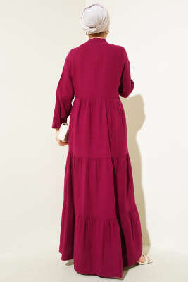 Yarım Düğmeli Hakim Yaka Müslin Elbise Bordo - Tesettür Elbise
