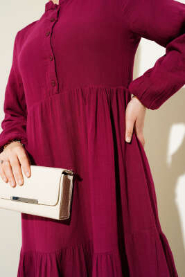 Yarım Düğmeli Hakim Yaka Müslin Elbise Bordo - Tesettür Elbise