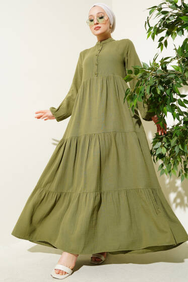 Yarım Düğmeli Hakim Yaka Müslin Elbise Çağla Yeşili - Elbise