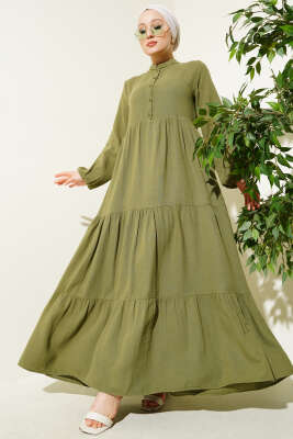 Yarım Düğmeli Hakim Yaka Müslin Elbise Çağla Yeşili 