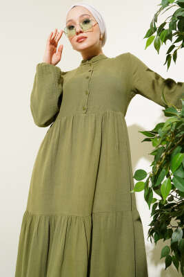 Yarım Düğmeli Hakim Yaka Müslin Elbise Çağla Yeşili - Tesettür Elbise