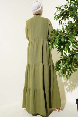 Yarım Düğmeli Hakim Yaka Müslin Elbise Çağla Yeşili - Tesettür Elbise
