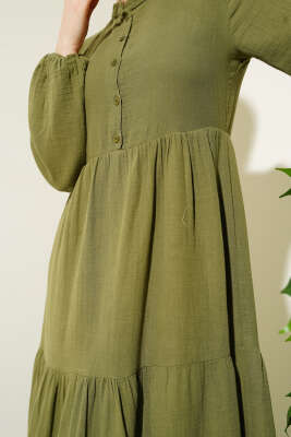 Yarım Düğmeli Hakim Yaka Müslin Elbise Çağla Yeşili - Tesettür Elbise