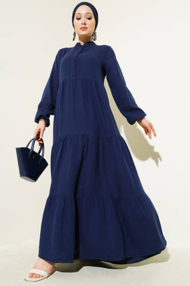 Yarım Düğmeli Hakim Yaka Müslin Elbise Lacivert - Elbise